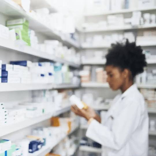 Woman checking out bottles in a pharmacy